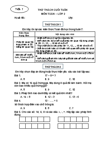 Phiếu bài tập thử thách cuối tuần môn Toán 2 - Tuần 7