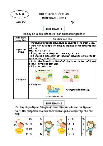 Phiếu bài tập thử thách cuối tuần môn Toán 2 - Tuần 8