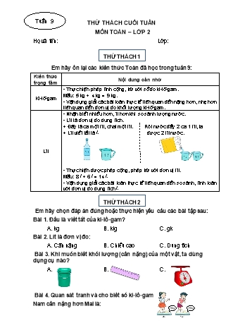 Phiếu bài tập thử thách cuối tuần môn Toán 2 - Tuần 9