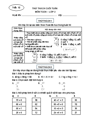 Phiếu bài tập thử thách cuối tuần môn Toán Lớp 2 - Tuần 10