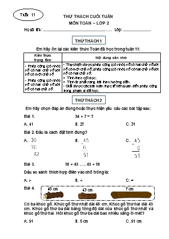 Phiếu bài tập thử thách cuối tuần môn Toán Lớp 2 - Tuần 11
