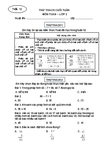 Phiếu bài tập thử thách cuối tuần môn Toán Lớp 2 - Tuần 12