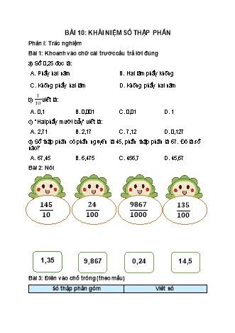 Phiếu bài tập Toán 5 - Bài 10: Khái niệm số thập phân