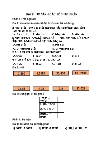 Phiếu bài tập Toán 5 - Bài 11: So sánh các số thập phân