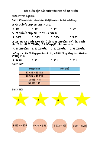 Phiếu bài tập Toán 5 - Bài 2: Ôn tập các phép tính với số tự nhiên