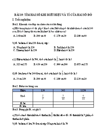 Phiếu bài tập Toán 5 - Bài 39: Tìm hai số khi biết hiệu và tỉ của hai số đó