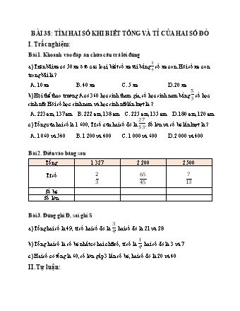 Phiếu bài tập Toán 5 - Bài 39: Tìm hai số khi biết tổng và tỉ của hai số đó