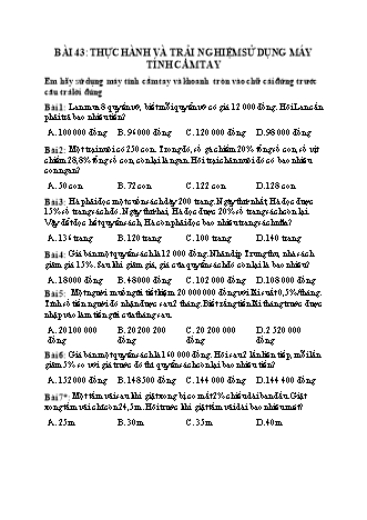Phiếu bài tập Toán 5 - Bài 43: Thực hành và trải nghiệm sử dụng máy tính cầm tay