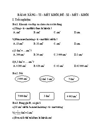 Phiếu bài tập Toán 5 - Bài 46: Xăng-ti-mét khối. Đề-xi-mét khối