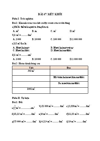 Phiếu bài tập Toán 5 - Bài 47: Mét khối