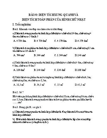 Phiếu bài tập Toán 5 - Bài 50: Diện tích xung quanh và diện tích toàn phần của hình chữ nhật