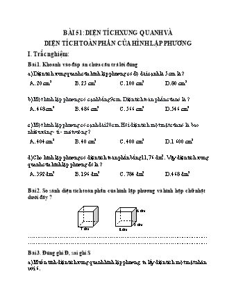 Phiếu bài tập Toán 5 - Bài 51: Diện tích xung quanh và diện tích toàn phần của hình lập phương