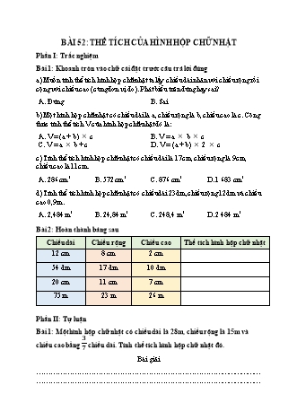 Phiếu bài tập Toán 5 - Bài 52: Thể tích của hình hộp chữ nhật