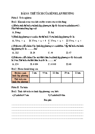 Phiếu bài tập Toán 5 - Bài 53: Thể tích của hình lập phương