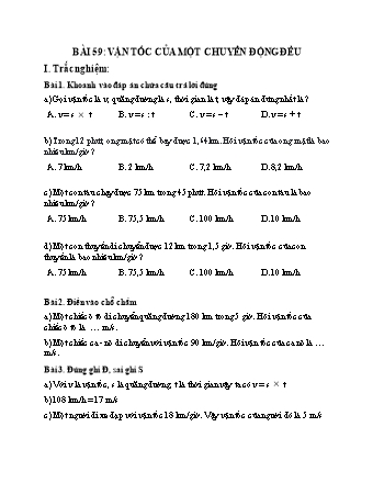 Phiếu bài tập Toán 5 - Bài 59: Vận tốc của một chuyển động đều