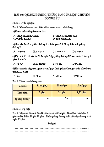Phiếu bài tập Toán 5 - Bài 60: Quãng đường, thời gian của một chuyển động đều