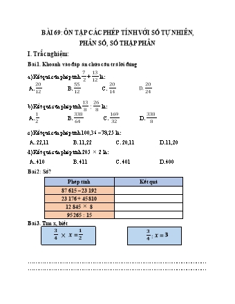 Phiếu bài tập Toán 5 - Bài 69: Ôn tập các phép tính với số tự nhiên, phân số, số thập phân