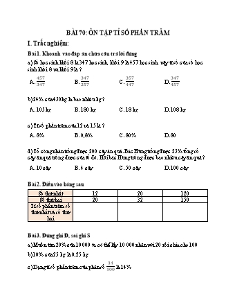Phiếu bài tập Toán 5 - Bài 70: Ôn tập tỉ số phần trăm