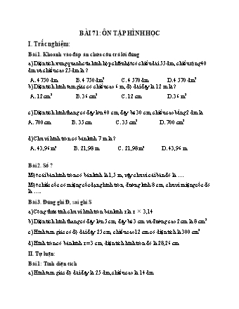 Phiếu bài tập Toán 5 - Bài 71: Ôn tập hình học