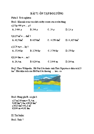 Phiếu bài tập Toán 5 - Bài 72: Ôn tập đo lường