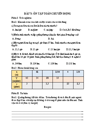 Phiếu bài tập Toán 5 - Bài 73: Ôn tập toán chuyển động