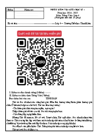 Phiếu kiểm tra giữa học kì I môn Tiếng Việt 4 - Trường TH Thanh Lâm (Năm học 2024-2025)(Ma trận + Hướng dẫn chấm)