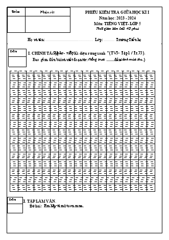 Phiếu kiểm tra giữa học kì I môn Tiếng Việt 5 (Viết) - Năm học 2023-2024 (Có đáp án)